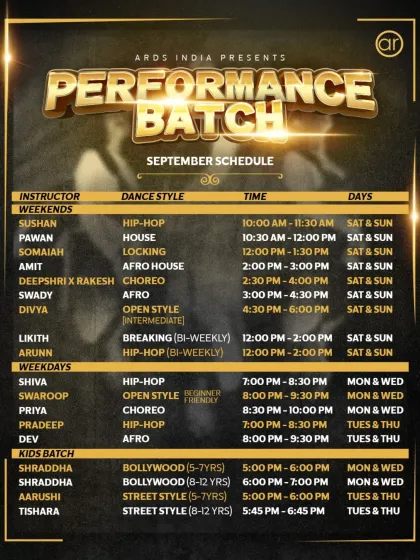 This is how we prepare for the big night. Our performance batch schedule gives students a clear path, with dedicated training in styles like Hip-Hop, Bollywood, and Street Style to get them stage-ready.