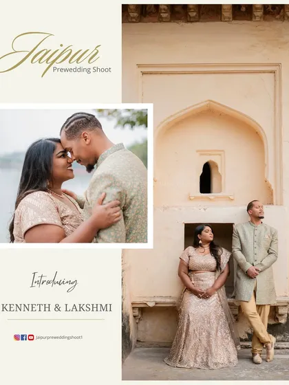 An introductory collage for Kenneth and Lakshmi, combining a close-up with a full shot against a heritage backdrop.