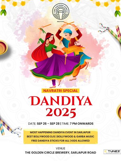 The poster for Dandiya 2025 at The Golden Circle Brewery, one of the most happening Dandiya events in Sarjapur.