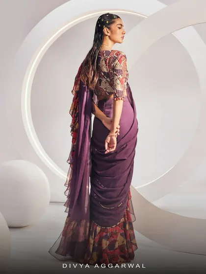 The back of the DELILAH Saree Set, showing the beautiful print on the blouse and the cascading ruffles of the organza saree.
