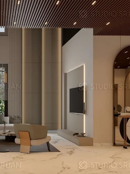 This view showcases the TV lounge area with its vertical paneling and integrated lighting, creating a cozy and visually interesting feature wall.