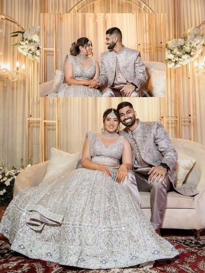 A collage of the couple's engagement portraits. It shows them seated on a couch, sharing smiles and looking elegant in their coordinated silver outfits.