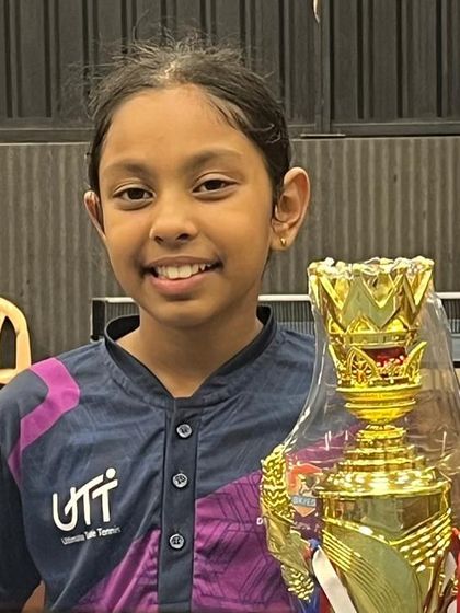 One of our promising young players with her trophy after a dominant performance at the 1st State Ranking Tournament, where she won titles in U-11, U-13, and secured a bronze in U-15.