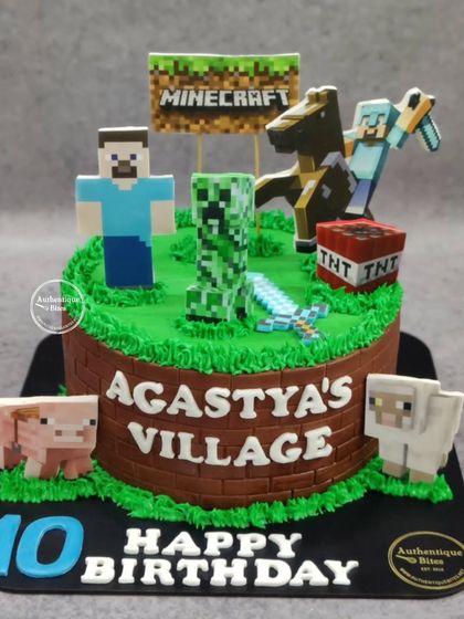 Welcome to Agastya's Village! This detailed Minecraft cake features Steve, a Creeper, a pig, and a sheep in a world built of edible blocks and grass.