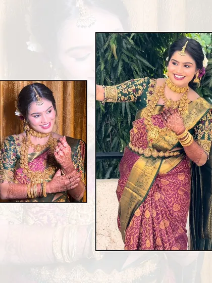Another beautiful collage capturing the bride's happy moments. Her smile is the highlight, enhanced by a makeup look that is both glamorous and traditional.
