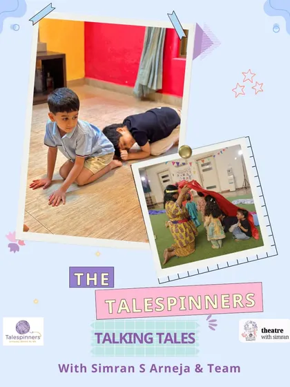 A collage from "The Talespinners" program, showing young children in moments of play and performance.