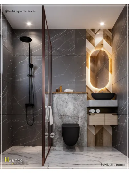 A proposed bathroom design for a renovation project in Rohini, featuring dark marble-effect tiles, a glass shower partition, and a floating vanity with a backlit mirror to create a spa-like, luxurious feel.
