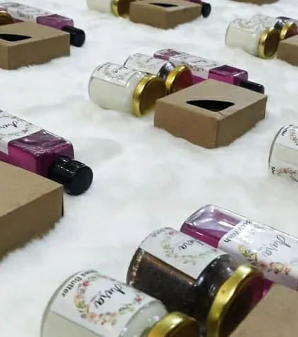 Getting a large order of Mehendi ceremony return gifts ready. Each little set is a perfect combination of my most popular products to give as a thank you to guests.