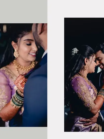 "Closer, the better." A collage of intimate nighttime portraits, capturing the loving glances and gentle touches between the couple during their reception.