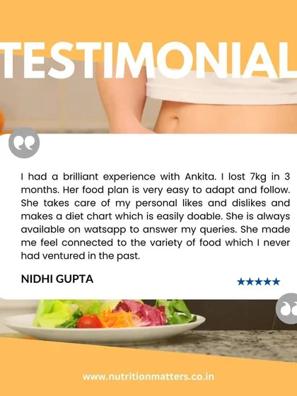 Nidhi's testimonial makes me so happy. She lost 7kg in 3 months with an easy-to-follow food plan that introduced her to a new variety of healthy foods, making the journey enjoyable.