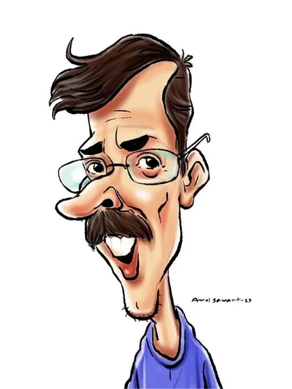 An expressive digital caricature with a focus on sharp angles and a comical, elongated style.