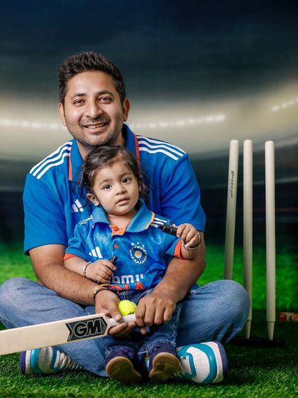 A heartwarming father-son moment during our cricket-themed shoot. Sharing a love for the game creates a special bond and a beautiful photograph.
