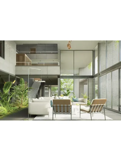 A glimpse into my design process with a 3D visualization for the 'House on Water' concept. This rendering shows how I plan for open, light-filled living spaces that integrate water features and greenery directly into the home's architecture.
