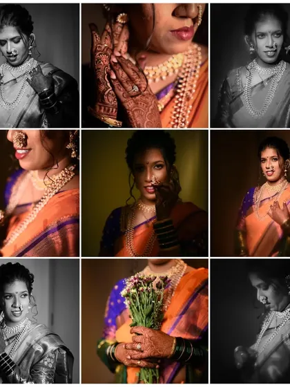 A grid of nine stunning bridal portraits, showcasing a variety of expressions and poses in both color and black and white.