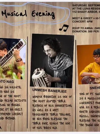 A beautiful, handmade poster for our baithak in Irvine, California, with Pt. Sugato Nag ji and Snehesh Nag.