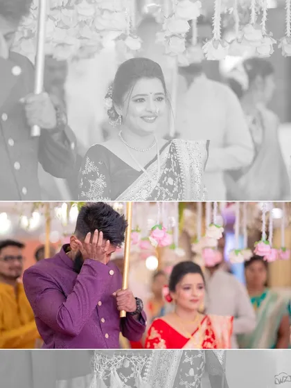 A collage capturing the raw emotion of a wedding, with the groom wiping away a tear as he sees his bride.