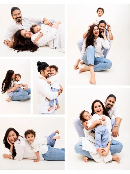 This collage brings together the best moments from one family's studio session. It shows the variety we can achieve, from full family groups to individual parent and child portraits.