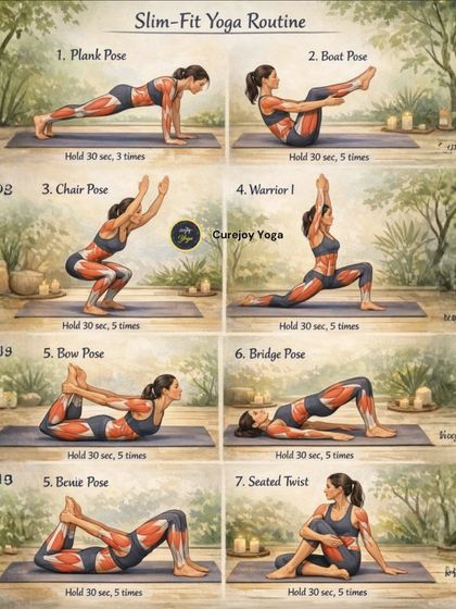 A slim-fit yoga routine with anatomical overlays to show the muscles being worked. It includes Plank, Warrior I, and Bow Pose for a full-body workout.