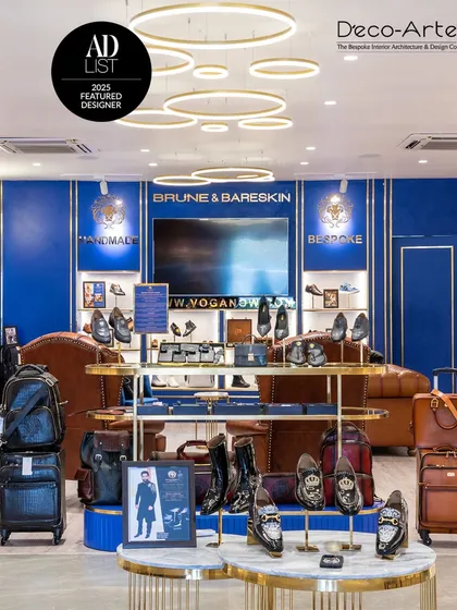 The Brune & Bareskin flagship store is an immersion in luxury. We used a palette of royal blue and polished brass, with bespoke lighting and display units, to create a retail experience that is both grand and intimate.