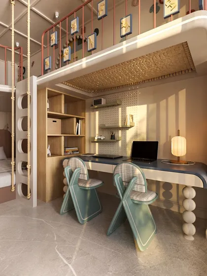 A dedicated study area for two is designed with a long desk and ergonomic chairs. The mezzanine above features interactive elements like swivel photo frames, making the space both functional and fun.