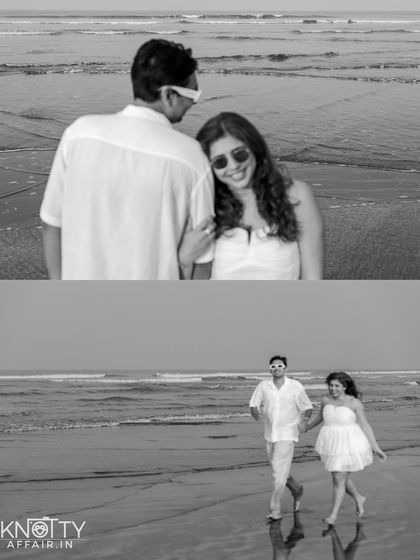 A black and white diptych showing a relaxed moment and a fun, running shot. This highlights the different moods we can create during a beach pre-wedding session.