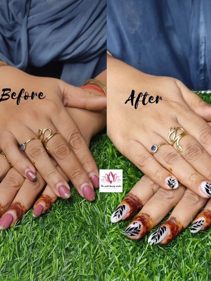 A before-and-after of a nail refill, finishing with a beautiful hand-painted black leaf design on a white base.