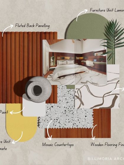 An annotated mood board for a bedroom, detailing our material choices like fluted back paneling, mosaic countertops, and specific laminates. This transparency is key to our collaborative design process.
