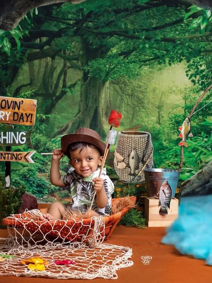 Let's go fishing! A little adventurer is ready with his fishing rod in our enchanting forest stream setup.