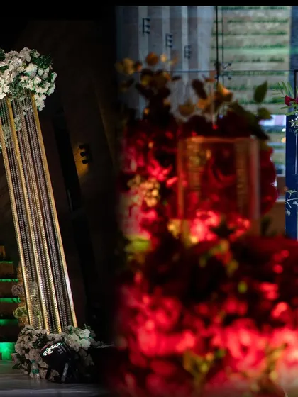 A split image showing the grand staircase decor for a wedding and the vibrant red floral welcome sign for the Sangeet.