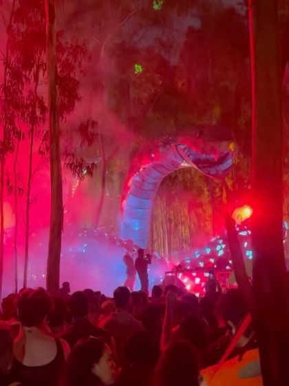 Another shot of the incredible snake art installation at a forest party, this time glowing under red lights. The whole environment becomes part of the experience.