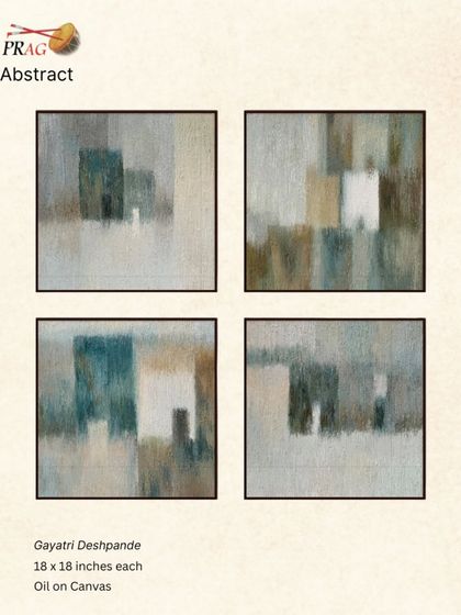 A set of four subtle, geometric abstracts by Gayatri Deshpande, their muted tones and soft forms creating a calming and sophisticated arrangement.