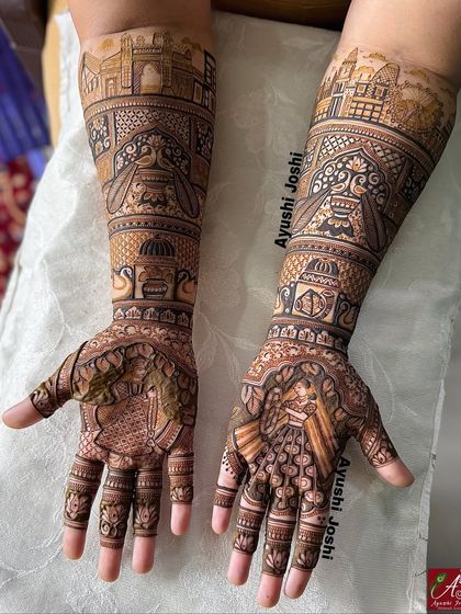 The full bridal mehendi with London and Mumbai skylines, showcasing how we blend modern stories with traditional wedding figures.