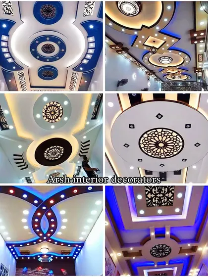 An awesome collection of false ceiling designs featuring intricate jali work and bold blue lighting. These ceilings are designed to be the main attraction of any room.