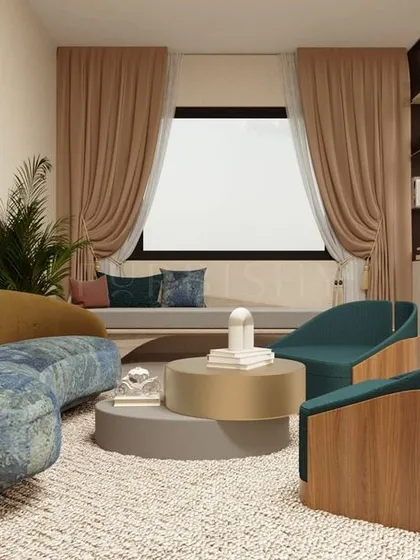 This 3D render shows the master bedroom lounge area for the Hyderabad villa. I designed this as a private retreat for the homeowners to unwind, separate from the main sleeping area but connected in style.