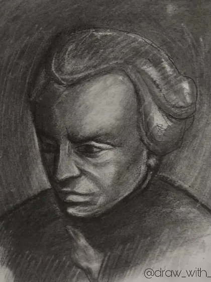A finished study of the philosopher Immanuel Kant, done with willow charcoal. This medium is great for creating deep shadows and a dramatic mood, allowing for a more expressive style of portraiture.