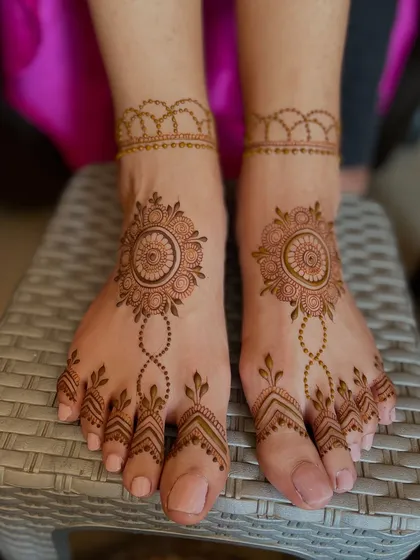 A simple yet elegant foot design, featuring a central mandala on each foot with delicate chains connecting to the toes and an anklet pattern.