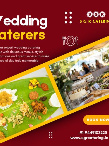 We offer expert wedding catering with delicious menus and great service. This collage contrasts a traditional banana leaf meal with a modern buffet, showing our versatility for any wedding style.