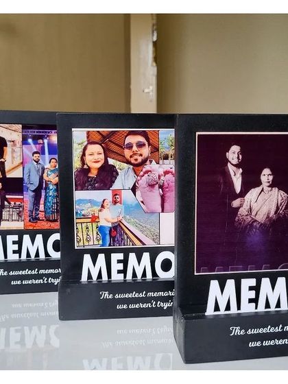 Three 'Memories' themed frames lined up, showcasing how I can work with both modern color photos and classic black-and-white images to create a timeless keepsake.