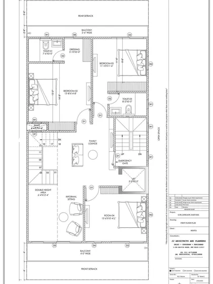 The first-floor plan for the Gurgaon duplex. This layout includes three bedrooms and a central family lounge, showing efficient planning for a multi-generational family home.