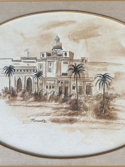 A detailed view of 'Chhatar Manzil' by Phaneendra Nath Chaturvedi, highlighting the artist's signature and the fine pen work used to define the building's features.
