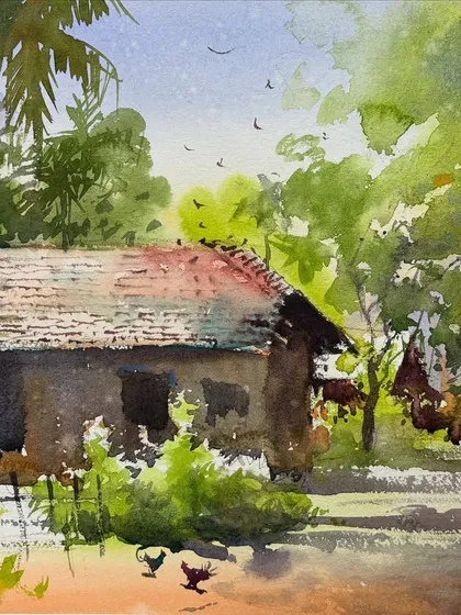 A quick watercolor study of a village scene. Even in a fast painting, I focus on capturing the light, shadows, and overall atmosphere of the location.