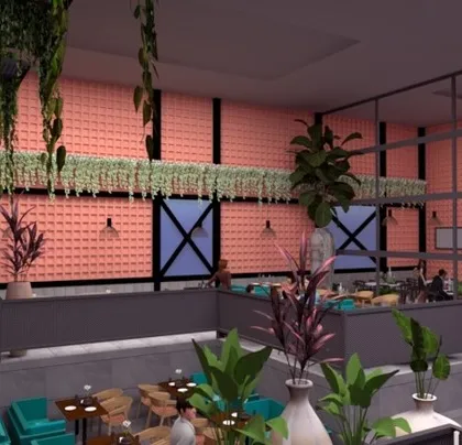 Our expertise extends to commercial interiors, where we use biophilic design to create vibrant atmospheres. This restaurant concept features extensive hanging and vertical gardens to improve air quality and create a memorable dining experience.