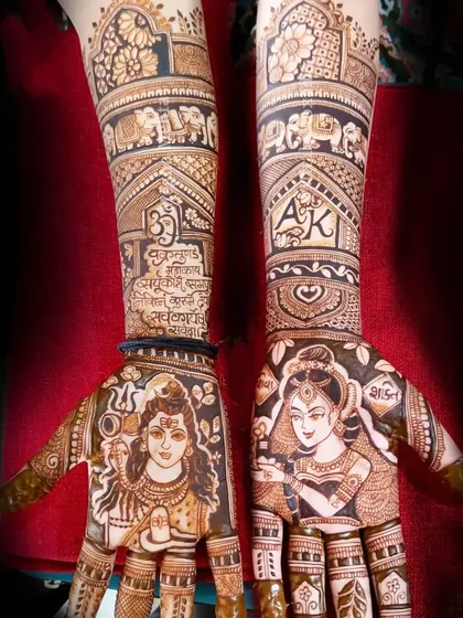 A close-up of the Shiva and Parvati portraits from the previous image, highlighting the detail and expressions.
