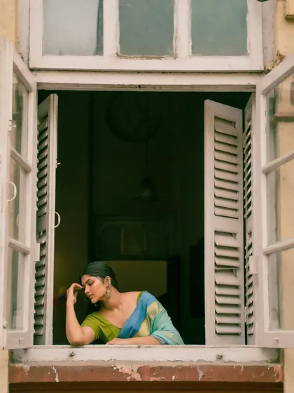A full series shot around Colaba and CST, blending historic architecture with elegant saree styling. The mix of color and black and white photos shows the versatility of the location and the mood we can create.