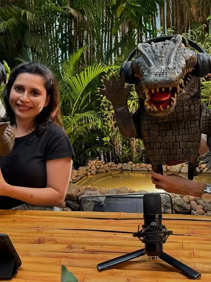 The two crocodile puppets ready for their podcast appearance. We even gave them headphones and chains to fit the quirky, modern theme of the Netflix promotion.