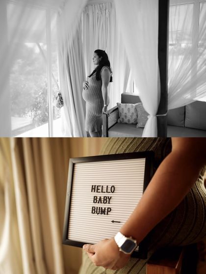 A black and white collage featuring the mom-to-be looking out a window and a close-up of the "Hello Baby Bump" sign. It creates a feeling of serene anticipation.