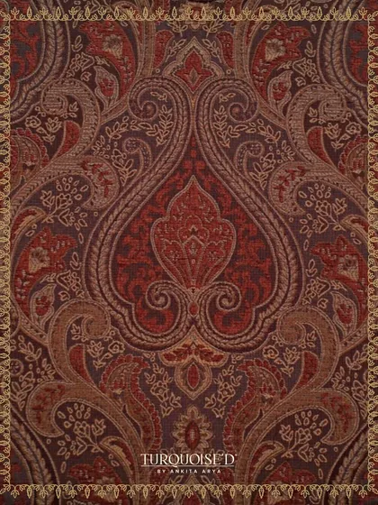 This is a close-up of my Jamawar-inspired Begum Jaal wallpaper in a rich, royal red. The intricate paisley and floral patterns are designed to capture the opulence and grandeur of historic woven robes and shawls.
