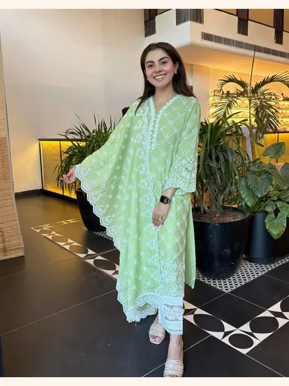 This lime green kurta set is another one of my classic, best selling styles. The delicate white embroidery and lace details are what make it so special.