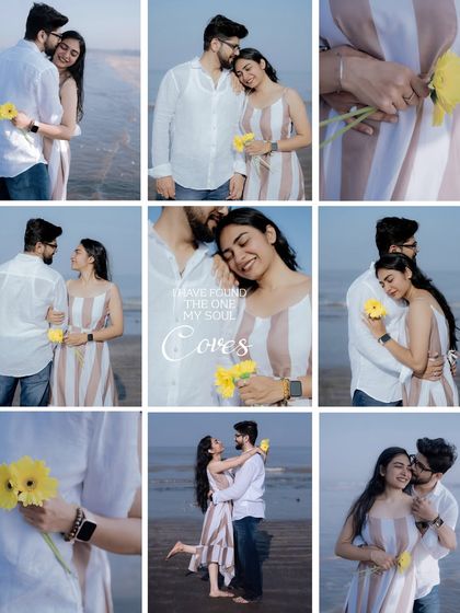 This collage focuses on the small, tender details of a couple's interaction, like holding a flower and sharing a quiet embrace by the sea.