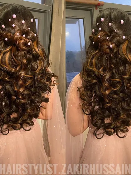 A dual-angle view of the pink pearl half-up style, showing the beautiful highlights in the hair.